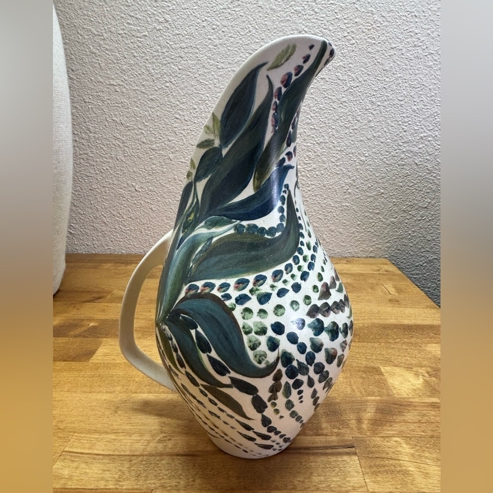 Vintage MCM Studio Pottery Ceramic Pitcher Hand Painted Green Blue Abstract Vase